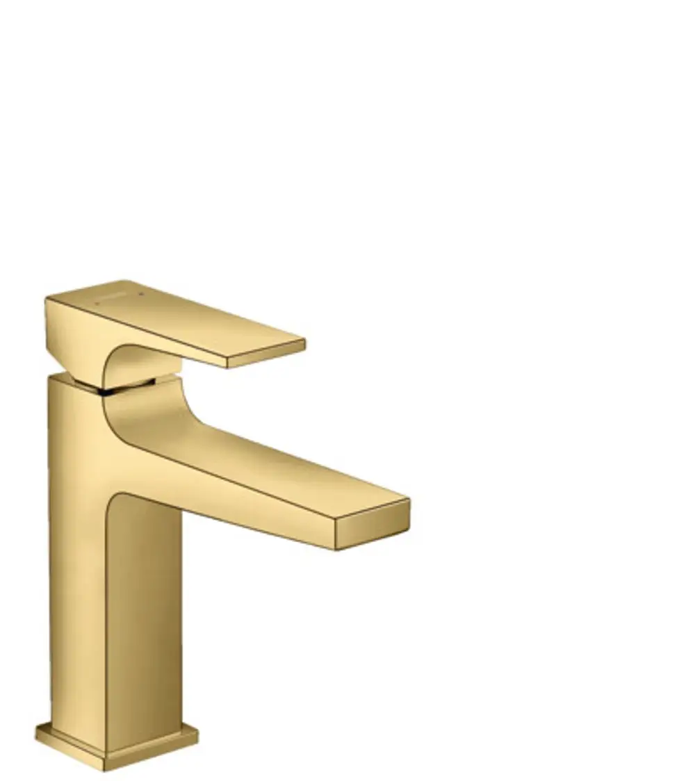 Waschtischmischer von Hansgrohe in Polished Gold Optic, mit flachem Hebelgriff und einem Auslauf. Minimalistisches Design, geeignet für Badezimmer.